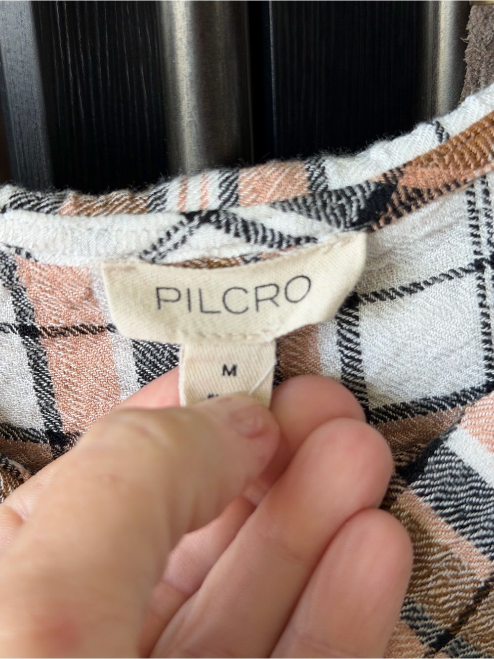 Anthropologie Pilcro M Brown and White Plaid Ruffle Collar Button-Down Shirt - Picture 2 of 4